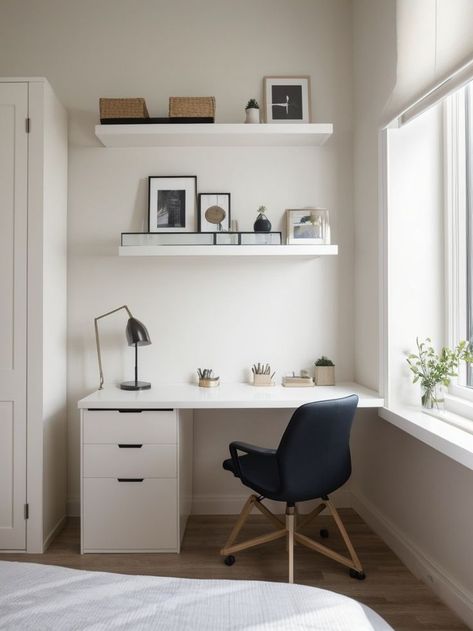 Optimize your bedroom space by placing a sleek, minimalist desk next to your bed. Pair it with a comfortable chair and add floating shelves above for extra storage and style. Desk Arrangement Ideas, Shelves Above Desk, Desk Arrangement, Desk Arrangements, Minimalist Desk, Arrangement Ideas, Bedroom Space, Office Room, Comfortable Chair