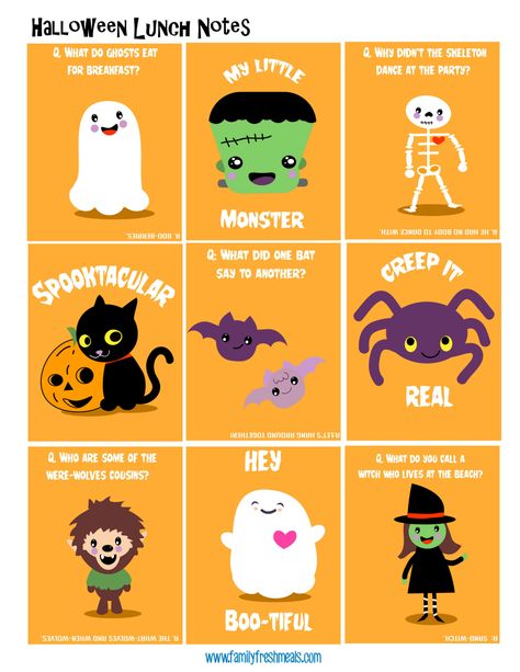 FREE Printable Fall Halloween Lunchbox Notes - FamilyFreshMeals.com Halloween Lunchbox Ideas, Halloween Lunchbox Notes, Lunch Notes For Kids, Halloween Lunch Box Notes, Notes For Kids Lunches, Kids Lunch Box Notes, Fun Kid Lunch, Lunchbox Notes For Kids, Halloween Lunch Box