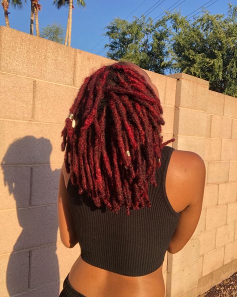 Dyed Locs Black Women Burgundy, Red Locs Aesthetic, Red Hair Dreadlocks, Burgundy Brown Locs, Deep Red Locs, Dark Red Locs Black Women, Loc Dye Ideas Dark Skin, Red Dyed Locs, Hair Color On Locs