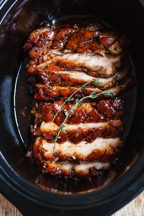 Slow Cooker Pork Belly with Honey Balsamic Glaze - Fall-apart tender and infused with a sticky tangy glaze. Slow Cooker Pork Belly, Honey Balsamic Glaze, Balsamic Glaze Recipes, Wallpaper Food, Slow Cooked Pork, Pork Belly Recipes, Honey Balsamic, Best Slow Cooker, Slow Cooker Pork