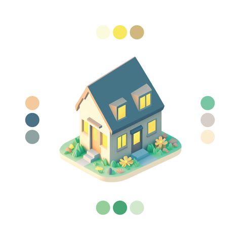 Isometric House Design, Isometric House Illustration, Isometric Architecture, House Isometric, Isometric House, Blue Roof, Simple Character, Building Illustration, Color Pallete