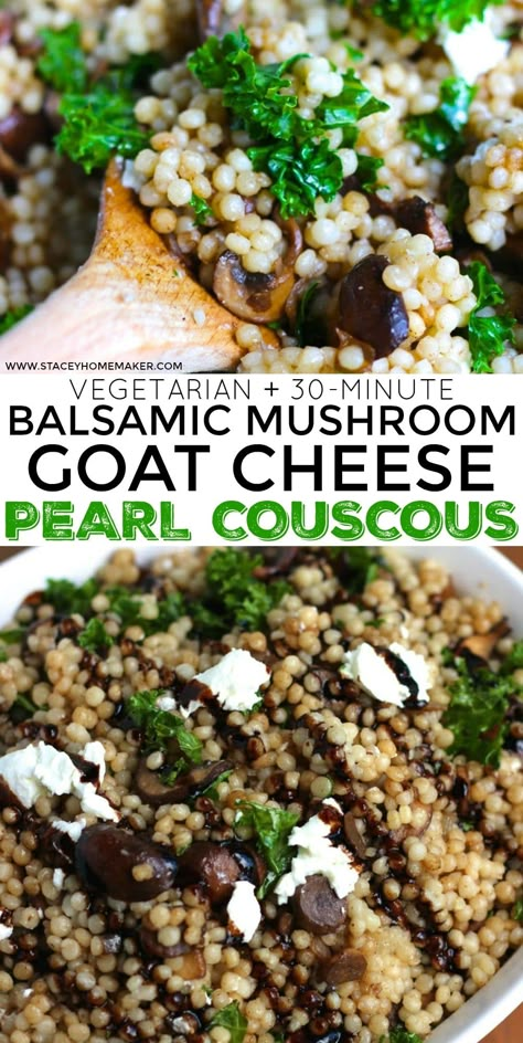 This delicious balsamic-flavored vegetarian couscous features sauteed mushrooms, sweet onions, ribbons of kale, creamy goat cheese, and pearl couscous drizzled with tangy balsamic vinegar glaze. This side dish is easy to make and ready in 30 minutes! #MushroomCouscous #KaleCouscous #VegetarianCouscous Mushroom Couscous, Balsamic Mushroom, Pearl Couscous Recipes, Balsamic Mushrooms, Creamy Goat Cheese, Vegan Feta Cheese, Pearl Couscous, Couscous Recipes, Mediterranean Diet Recipes