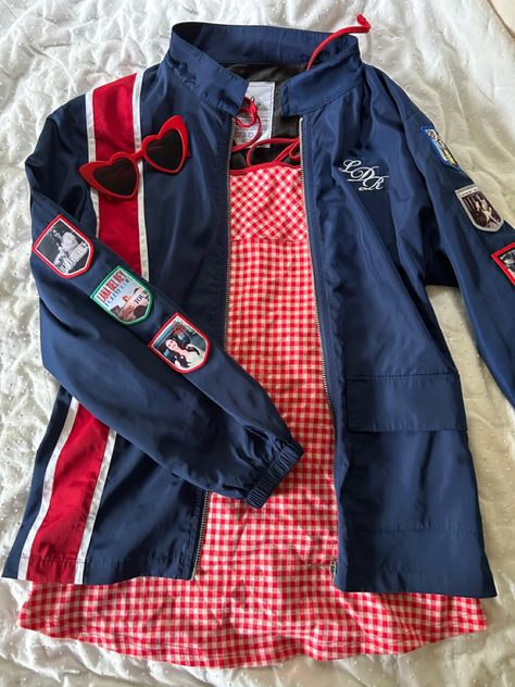 National Anthem Outfit, Btd Summer Aesthetic, Vintage Americana Aesthetic Lana Del Rey, Lana Del Rey Racing Jacket Outfit, Blue And Red Aesthetic Outfit, Lizzy Grant Summer Outfits, Lana Del Rey 4th Of July Outfit, Vintage Americana Summer Outfits, Old Americana Outfits