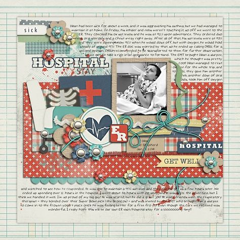 Medical Scrapbook Ideas, Hospital Scrapbook Layouts, 8x8 Scrapbook Layouts, Doctor Hospital, Hospital Stay, Broken Arm, Scrapbook Collection, Card Embellishments, Game Face