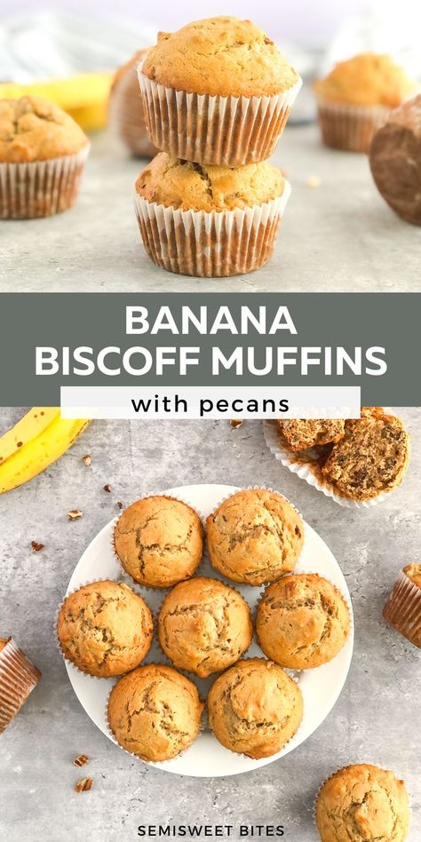 Banana nut muffins with Biscoff spread are soft, nutty, lightly spiced, and delicious. These banana bread muffins with pecans are packed with ripe bananas, cinnamon, and spiced Biscoff flavor. You'll love this easy muffin recipe with banana! Banana Biscoff Muffins, Biscoff Muffin Recipes, Biscoff Banana Bread, Biscoff Muffins, Banana Biscoff, Muffins With Pecans, Biscoff Desserts, Muffins With Greek Yogurt, Easy Muffin Recipe