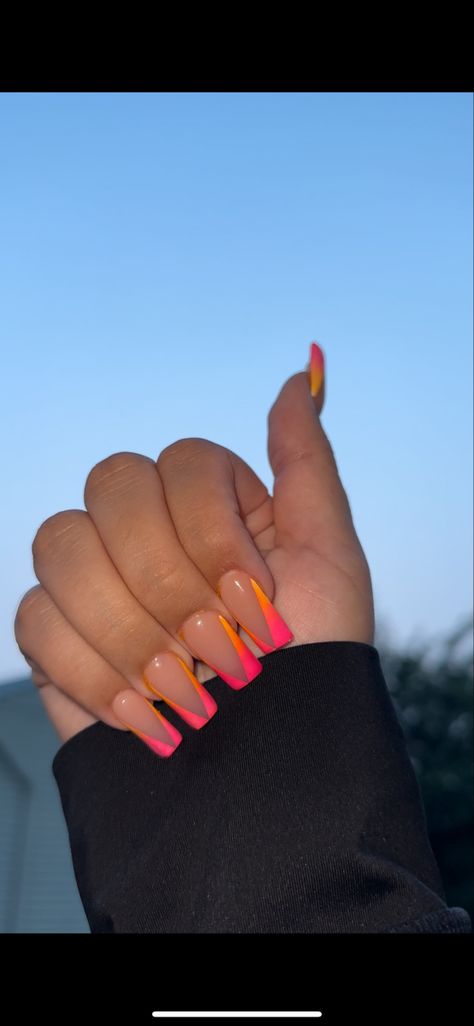 Pink And Orange French Nails, Sunset French Tip Nails, Orange Pink French Nails, Pink Orange Nails French, Orange And Pink French Tip Nails, Pink Nails Orange Tip, Neon Pink And Orange French Tip Nails, Orange French Tip, Sparkly Acrylic Nails