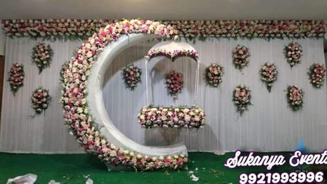 Naming Ceremony | Cradle Decoration | Barse Packages | Sukanya Events Name Ceremony Decoration, Name Ceremony, Stage Decoration Photos, Cradle Decoration, Indian Baby Shower Decorations, Naming Ceremony Decoration, Poola Jada, Reception Stage Decor, Home Flower Decor