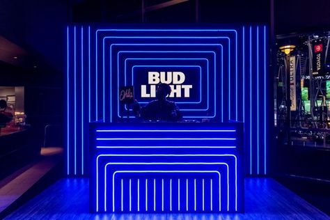 NVE had to provide an immersive opportunity for consumers and Anheuser-Busch stakeholders to interact with all three brands (Bud Light Core, Bud Light NEXT, and Bud Light Seltzer Hard Soda) throughout Crypto Arena. We had to activate the concourse to speak to the general public and give them an opportunity to sample Bud Light NEXT, the first zero carb beer. Boho Restaurant, Booth Lighting, Ceremony Decorations Outdoor, Shoe Store Design, Outdoor Restaurant Design, Dj Stage, Nightclub Design, Console Design, Dj Booth