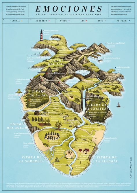 Mapa de las emociones. Map of emotions on Behance Map Art Illustration, Maps Illustration Design, Map Collage, Maps Aesthetic, Visual Map, Mind Map Design, Map Projects, Infographic Map, Graphic Design Infographic