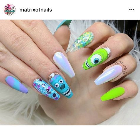 Monster Inc Nails, Fake Gel Nails, Disneyland Nails, Monster Nails, Oval Nails Designs, Love Monsters, Disney Acrylic Nails, Couture Nails, Minx Nails