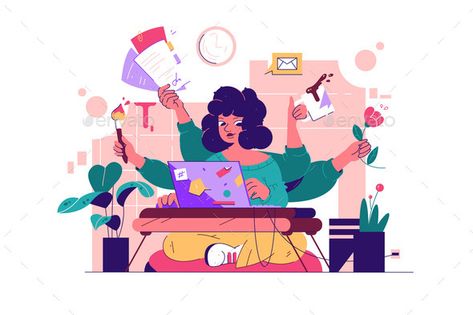 Multitasking Woman Vector Illustration Multitasking Illustration, Multitasking Woman, Woman With Laptop, Woman Vector, Lotus Pose, Lost In Thought, Woman Illustration, Graphic Design Branding, Light Bulb