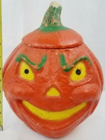 Vintage Paper Mache Pumpkin Jack O Lantern LARGE 11" Candy Container w Lid rare — Halloween Collector.com Paper Mache Pumpkins, Vintage Paper Mache, Pumpkin Jack O Lantern, Show Piece, Pumpkin Jack, Candy Containers, Holiday Items, Halloween Candy, Cookie Jars