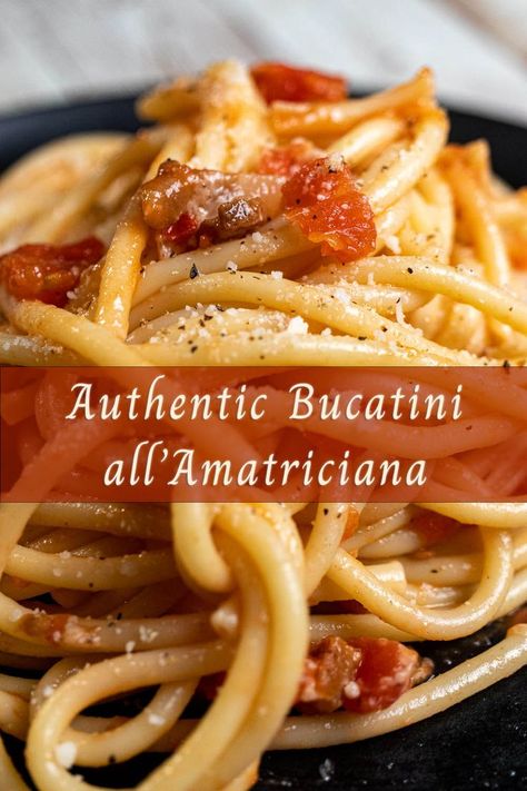 Authentic bucatini amatriciana with guanciale and tomatoes on a black plate. Putineska Sauce, Bucatini All'amatriciana, Bucatini Pasta Recipes, Guanciale Recipes, Sicilian Recipes Authentic, Dinner Party Pasta, Timballo Recipe, Spaghetti Amatriciana, Spaghetti Sauces