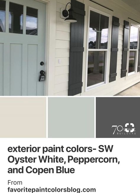 Copen Blue, House Paint Color Combination, Exterior House Paint Color Combinations, Oyster White, Exterior Paint Colors For House, Exterior Makeover, Wood Shutters, Casa Exterior, House Paint Exterior