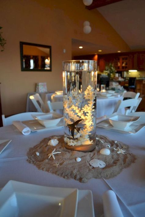 (686) Pinterest Fish Centerpiece, Beach Centerpieces, Beach Wedding Tables, Beach Wedding Decorations Reception, Beach Wedding Centerpieces, Beach Themed Party, Beach Wedding Decorations, Beach Wedding Favors, Elegant Dinner