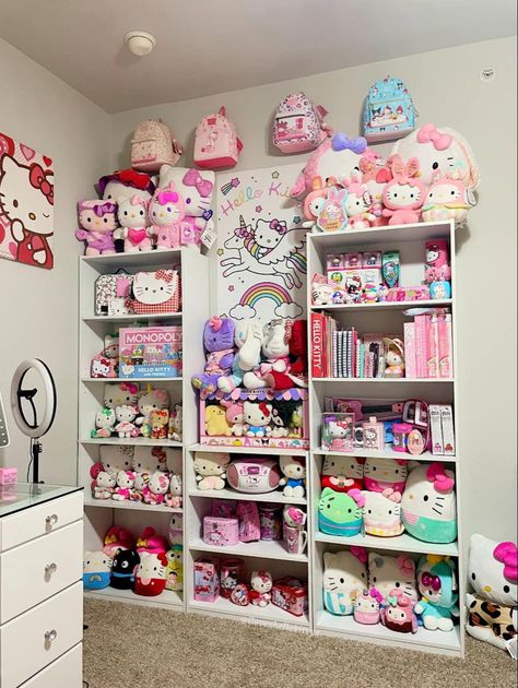 Sanrio Collection Room, Hello Kitty Collection Room, How To Store Squishmallows In Bedroom, Hello Kitty Collection Display, Hello Kitty Shelf Decor, Plushie Display Shelves, Cinamoroll Bedroom, Plush Display Ideas, Rooms Hello Kitty