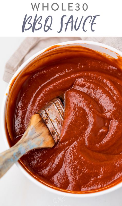 This Whole30 BBQ sauce is smoky and sweet, just like a BBQ sauce should be! It's made with dates, coconut aminos, and smoked paprika, making it paleo and Whole30 compliant. A great condiment to keep in the fridge to pair with chicken, pork, shrimp, or steak for a quick dinner! #whole30 #paleo #vegan #bbq #condiment Whole 30 Bbq Sauce, Vegan Bbq Sauce, Homemade Barbecue Sauce Recipe, Bbq Sauce Homemade Easy, Buffalo Cauliflower Recipes, Make Bbq Sauce, 40 Aprons, Homemade Bbq Sauce Recipe, Homemade Bbq Sauce