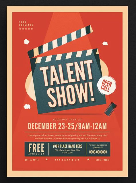 Talent Show Event Flyer Template AI, PSD. Download Best Flyer Design Ideas, Got Talent Poster Design, Now Showing Poster, Poster For An Event, Poster Design For Event, Event Posters Graphic Design, Talent Show Poster Ideas, Got Talent Poster, Acting Poster