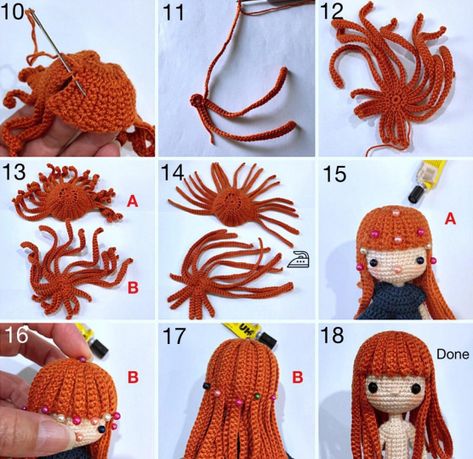 Elegant Doll Designs Doll Hair Crochet Free Pattern, Crochet Hair For Amigurumi Doll, Crochet Doll Hair Pattern, Amigurumi Hair Pattern, Amigurumi Doll Hair Free Pattern, Crochet Dolls Hair, Crochet Doll Hair Pattern Free, Amigurumi Hair Tutorial, Amigurumi Doll Hair