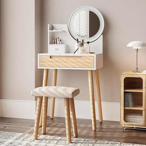 【Small but Large Storage】: This vanity table is perfect for a small bedroom. The table shelf, small drawer, and 1 large drawer give you enough space to store your items. Dressing Table For Small Space, Tiny Vanity, Compact Dressing Table, Small Vanity Desk, Small Vanity Table, White Vanity Table, Small Makeup Vanities, Bedroom Vanity Set, Small Dressing Table