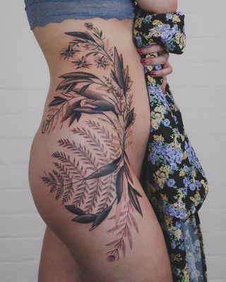 Thighs Tattoo, Hip Tats, We Tattoo, Gardener Tattoo, Thigh Tats, Tea Tattoo, Botanical Tattoos, Thigh Tat, Floral Thigh Tattoos