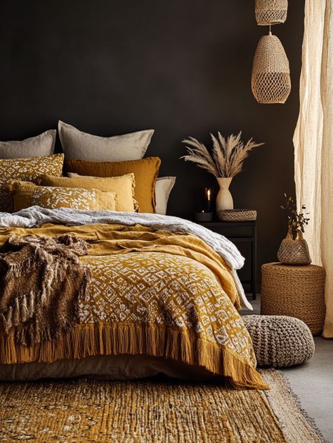 🌞 Yellow Boho Bedrooms That Radiate Warmth and Joy! 💛 - Boho Glam Bedroom, Mustard Bedroom, Yellow Painted Furniture, Boho Bathrooms, Yellow Accent Walls, Yellow Drapes, Boho Chic Interior, Yellow Bedroom Decor, Boho Bedrooms