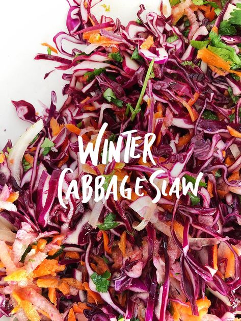 Winter Cabbage Slaw Recipe (Tasty & Healthy!) - Fresh Exchange Seasonal Eating Recipes, Winter Slaw, Healthy Tasty Food, Cabbage Slaw Recipes, Autumn Salad Recipes, Green Salads, Seasonal Eating, Cabbage Head, Slaw Recipe