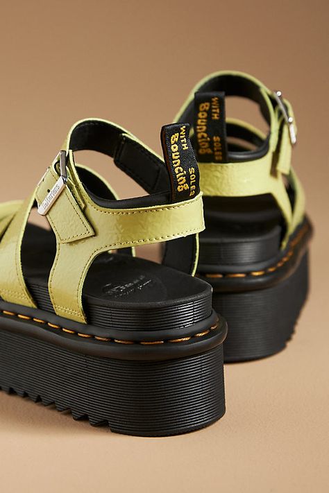 Leather upper, insole Rubber sole Buckle styling Imported | Blaire Quad Platform Sandals by Dr. Martens in Green, Women's, Size: 10, Leather/Rubber at Anthropologie Doc Marten Sandal, Doc Martens Sandals, Doc Marten Sandals, Dr Martens Blaire, Martens Sandals, Casual Outfit Spring, Doc Martin, Doc Marten, Sandals Outfit