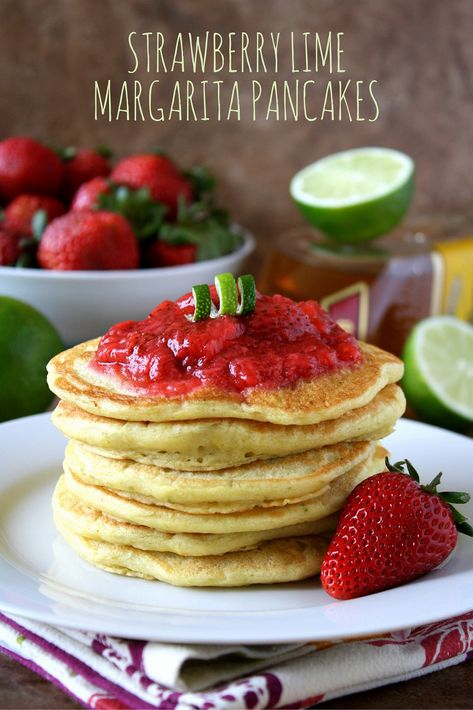 Rise and shine! These strawberry lime margarita pancakes are a surefire way to start your morning right. (dairy-free) Breakfast Brunch Party, Strawberry Lime, Lime Margarita, Ice Cream Floats, Boozy Desserts, Pancake Batter, Brunch Party, Beef Recipes For Dinner, Krispie Treats