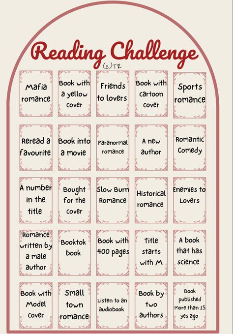 Book Trope Challenge, Reading Journal Ideas Layout Printable Free, Reading Challenge Bullet Journal, Romance Reading Challenge, Tbr Prompts, Reading Challenge Template, Book Journal Ideas Layout, Book Bucket List, Book Reading Challenge