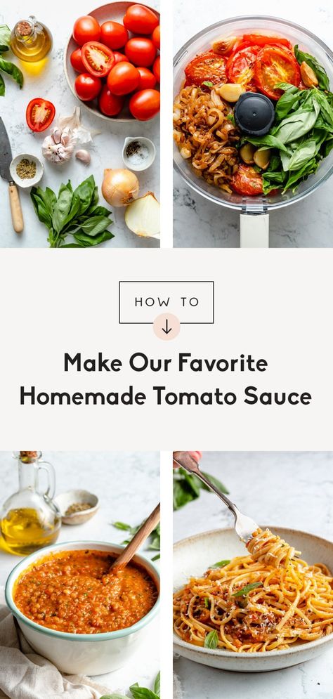 The best homemade pasta sauce using fresh tomatoes, delicious caramelized onions and plenty of garlic. This basic pasta sauce recipe is easy to make and perfect for customizing to make it super creamy and even a little cheesy. You'll never go back to canned tomato sauce again! #pasta #tomatosauce #pastasauce #sauce #howtoguide #kitchentutorial #vegan #dairyfree Quick Homemade Tomato Sauce, Homemade Pasta Sauce Fresh Tomatoes, Homemade Roasted Tomato Pasta Sauce, Simple Fresh Tomato Pasta Sauce, Basic Pasta Sauce Recipe, Pasta Sauce Using Fresh Tomatoes, Best Homemade Tomato Sauce, Quick Homemade Italian Tomato Sauce, Basic Pasta Sauce