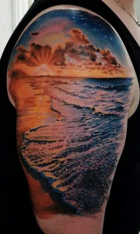 Beach Theme Tattoos, Ocean Life Tattoos, Small Nature Tattoo, Waterfall Tattoo, Nature Tattoo Sleeve, Sunset Tattoos, Torso Tattoos, Palm Tattoos, Cloud Tattoo