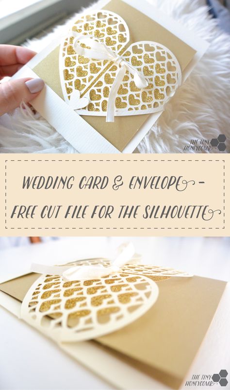 Wedding Card. Free cut file for the Silhouette Cameo. Heart grid card with gold glitter and ribbon. The tiny honeycomb blog Free Gatefold Card Svg, Xcaret Wedding, Cardstock Ideas, Cricut Cardstock, Silhouette Cameo Cards, Free Wedding Cards, Silhouette Wedding, Free Silhouette Cut Files, Cricut Wedding