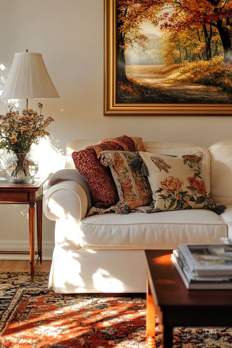 Cozy fall living room decor with an autumn landscape painting, plush pillows, and a warm light. Fall decorations for home create a comforting atmosphere. Fall Throw Pillows Living Rooms Bohemian, Autumn Living Room Pillows, Fancy Bedroom, Fall Room Decor, Easy Fall Decor, Cozy Fall Decor, Fall Decor Inspiration, Casa Country, Living Room Loft