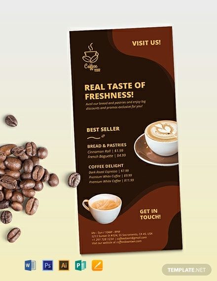 Coffee Shop Advertisement, Coffee Shop Banner, Wine Flyer, Coffee Menu Template, Restaurant Graphics, Shop Banner Design, Rack Card Templates, Coffee Poster Design, Rack Cards Design