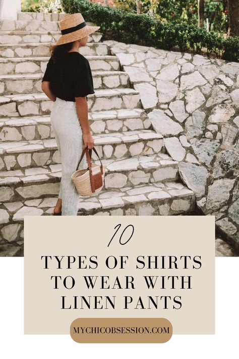 Tops To Go With Linen Pants, Linen Pants With Heels, Shirts With Linen Pants, Women’s Linen Pants Outfit, Linen Trousers Street Style, Beige Linen Pants Outfit Fall, Linen Pants Travel Outfit, How To Style Linen Pants Casual Summer, Taupe Linen Pants Outfit