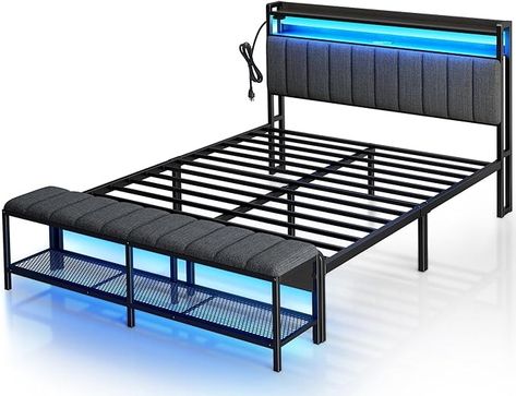 Amazon.com: Rolanstar Queen Bed Frame with Charging Station & LED Lights, Upholstered Headboard with Storage Shelves, Heavy Duty Metal Slats, No Box Spring Needed, Easy Assembly,Grey : Home & Kitchen Headboard With Storage, Steel Bed Design, Led Beds, Led Bed Frame, Vintage Industrial Design, Headboard With Lights, Steel Bed, Full Bed Frame, Industrial Design Furniture