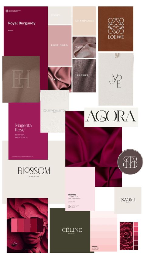 Magenta Pantone with light pinks/dusk. Clean design Elegant Pink Color Palette, Purple And Red Branding, Brand Color Palette Pink, Magenta Colour Combination, Champagne Color Palette, Magenta Pantone, Reddish Pink Color, Fashion Portfolio Layout, Pink Marshmallows