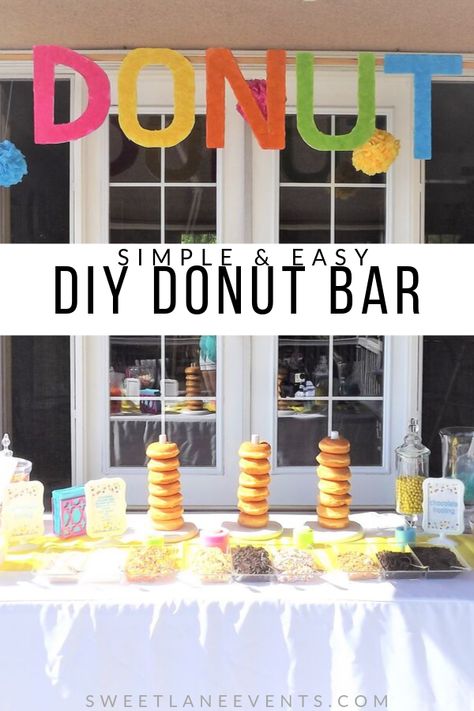 Party Food Bar idea!  Super simple and yummy doughnut bar!  Give your guests plain donuts to frost themselves and cover with candy, cereal, coconut, nuts, chocolate and sprinkles.  SweetLaneEvents.com How To Serve Donuts At A Party, Birthday Doughnut Ideas, Donut Party Food Ideas, Dunkin Party, Donut Bar Ideas, Plain Donuts, Diy Donut Bar, Doughnut Bar, Hoover Board