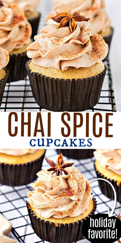 Chai Tea Cupcakes Recipe, Chai Cupcake Recipe, Winter Bakes, Strudel Muffins, Chai Latte Cupcakes, Chai Recipes, Barista Life, Delish Cakes, Moist Cupcakes