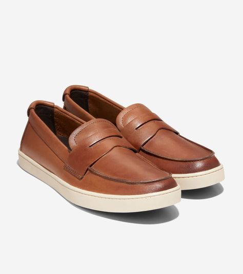 Men's Pinch Weekender Penny Loafers in Brown | Cole Haan Cole Haan Men, Perforated Leather, Penny Loafers, Embossed Logo, Cole Haan, Loafer Shoes, Leather Working, Penny, Leather Upper