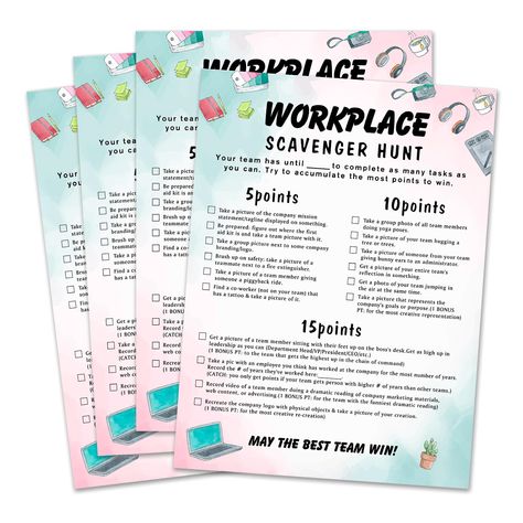 PRICES MAY VARY. This is an office party theme game, including 1 workplace scavenger hunt guide card, 15 workplace scavenger hunt cards, the size is 8X11 inches. HOW TO PLAY: -The competition is suitable for multiple teams to participate, and each team can have 5-10 participants. -Each team chooses one person to be a "recorder" to fill in the activity sheet as well as take cell phone pictures or video to. -Teams will attempt to complete tasks on the activity sheet before the time is up!The team Hospital Scavenger Hunt, Work Scavenger Hunt Team Building, Workplace Scavenger Hunt, Office Scavenger Hunt, Team Building Games For Work, Fun Workplace, Morale Ideas, Team Building Game, Teacher Appreciation Week Themes