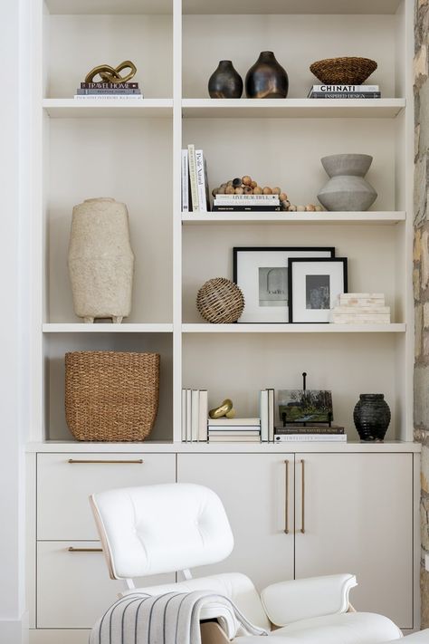 PC Contemporary Project: The Great Room - Studio McGee Shelves Styling, White Eames Chair, Shelf Decor Living Room, Cottage Living Rooms, Bookshelf Design, Room Shelves, Living Room Shelves, Studio Mcgee, Built In Cabinets