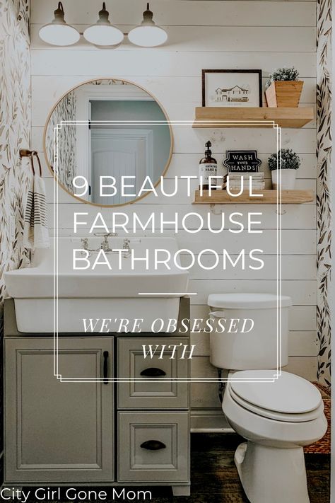 Need to update your bathroom? Check out these nine one-of-a-kind beautiful farmhouse bathrooms that, we have to admit, we're totally obsessed with. #farmhousedecor #homedecor #farmhousedesign #farmhousebathroom #bathroomrenovations Rustic Bathroom Accessories, Farmhouse Powder Room, Farmhouse Style Bathroom Vanity, Small Farmhouse Bathroom, Farmhouse Bathrooms, Farmhouse Bathroom Vanity, Bathroom Farmhouse Style, Cottage Bathroom, Modern Farmhouse Bathroom