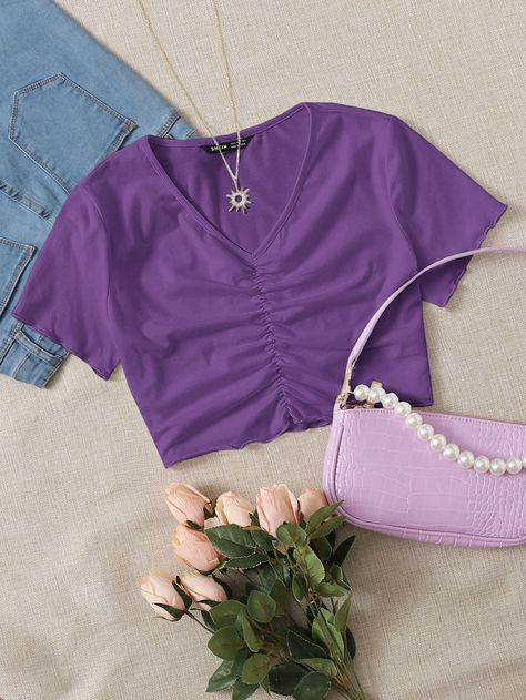 Morado Violeta Casual Collar manga corta Poliéster Liso  Embellished Elástico Ligero Verano Tops, Blusas y Camisetas de Mujer Top Violeta, Top Morado, Disneybound Ideas, Purple Crop Top, Pretty Top, Violet Purple, Crop Top Outfits, Purple Top, Women T Shirts