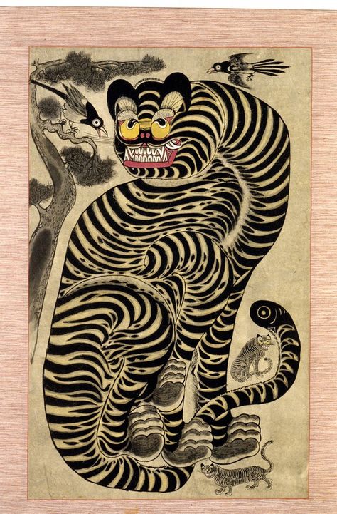 Korean folk art, or minhwa Art Tigre, Vintage Backdrop, Scroll Painting, Tiger Poster, Tiger Illustration, Classic Art Prints, Urban Street Art, Mythical Animal, Bold Art