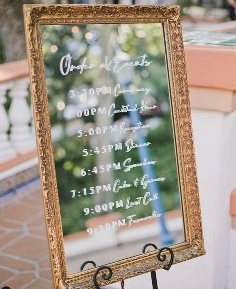 Gold Vintage Mirror, Emerald Wedding Decor, Order Of Events Sign, Mirror Wedding Signs, Order Of The Day Wedding, Order Of Events, Wedding Mirror, Wedding Schedule, Rustic Wedding Table