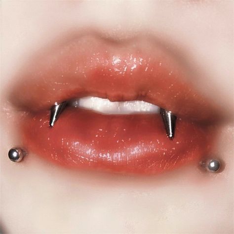 Tiger Teeth Piercing, Fang Peircings, Vampire Teeth Piercing, Multiple Lip Piercings, Piercings Teeth, Mouth Piercings Smiley, Angel Fang Piercing, Lip Percinings, Snakebite Piercing Lip