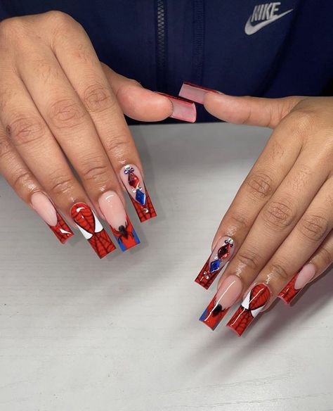 nails Spiderman Nail Designs, Marvel Nails, Lace Nails, Colored Acrylic Nails, Nails Only, Long Square Acrylic Nails, Acrylic Nails Coffin Short, Short Acrylic Nails Designs, Pink Acrylic Nails