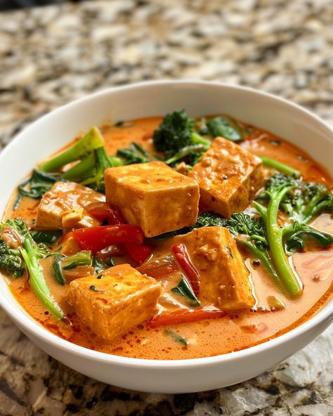 Vegan Thai Red Curry 🍛🌱 Rich, vegan and comforting, oh and some delicious tofu and vegetables, what more could you ask for. Follow @plantiful.palate for more recipes🗒️ Recipe: Ingredients: - 300g firm tofu, cubed - 1 tbsp vegetable oil - 2 tbsp red curry paste - 1 can (400ml) coconut milk - 1 red pepper, thinly sliced - 100g broccoli florets - 100g spinach leaves - 1 tbsp soy sauce - 1 tsp maple syrup - 1 tsp lime juice - Salt, to taste - Fresh coriander, chopped (optional) Method: 1. He... Tofu With Coconut Milk, Tofu Vegetable Curry, Red Curry Paste Recipe, Red Curry Tofu, Vegan Thai Red Curry, Thai Vegetable Curry, Coconut Tofu, Vegan Thai Curry, Broccoli Tofu